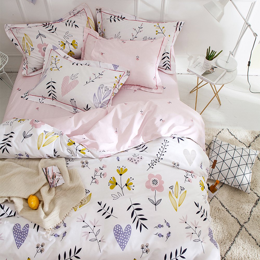 BuLuTu Floral Love Print Girls Duvet Cover Full White/Pink Cotton Premium Blossom Kawaii Reversible Kids Bedroom Comforter Cover Queen Duvet Cover for Toddler,Teen,Lightweight,Zipper Closure