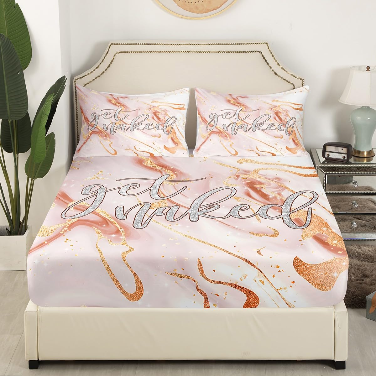 Pink Marble Bedding Set Get Naked Bed Sheet Set for Kids Boys Girls Teens Bedroom Decor Funny Quotes Fitted Sheet Full Size Pink Rose Gold Glitter Marble Cracked Bedding Sheets 3Pcs
