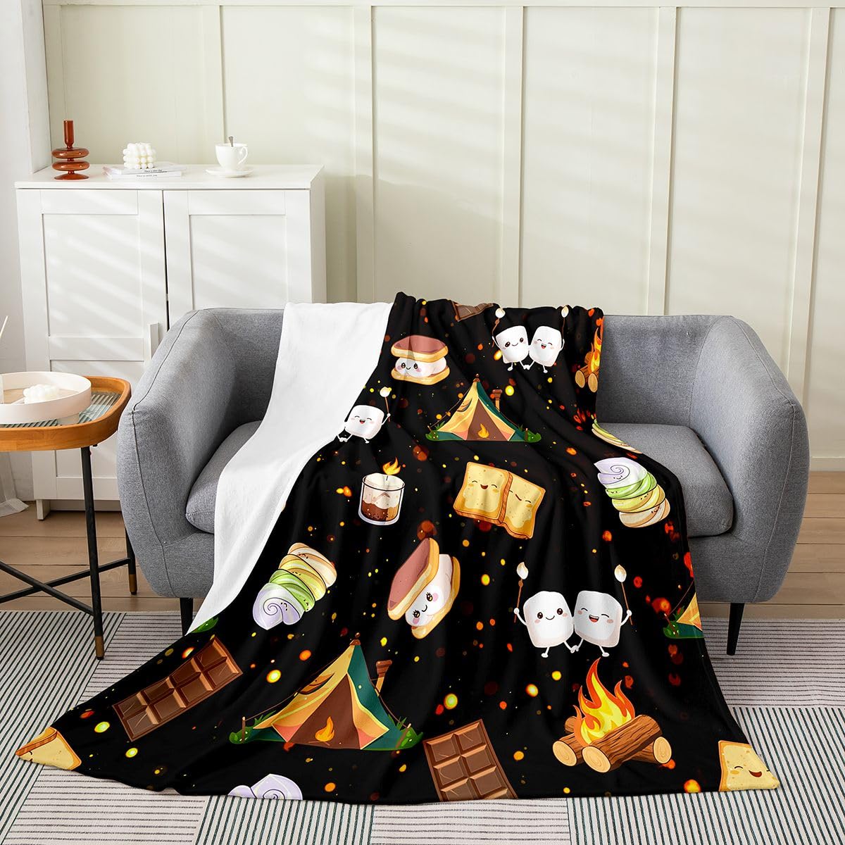 Feelyou Cute Marshmallow Plush Throw Blanket, 40"x50" Kids Cute S'Mores Cookie Flannel Fleece Blanket for Boys Teens Happy Camping All Season,Bed Blanket Outdoor Adventure Room Decor