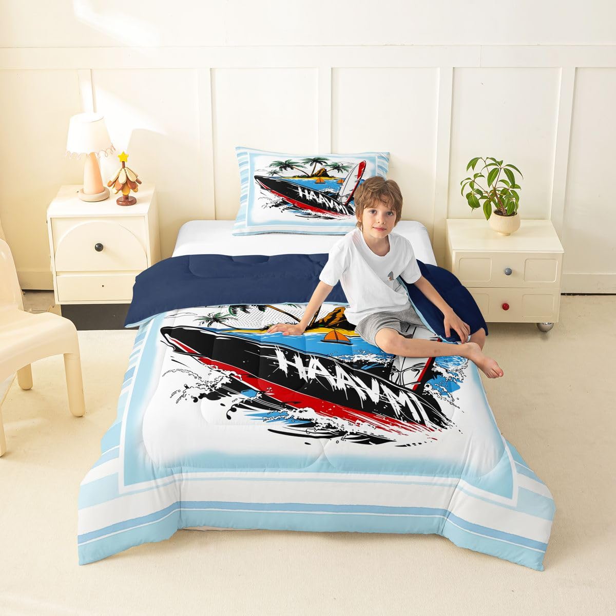 Erosebridal Hawaii Surfboard Toddler Comforter Set Retro Tropical Surfing Sport Bedding Set Summer Surf Fresh Striped Comforter,Beachy Room Decor Aesthetic Quilt Duvet