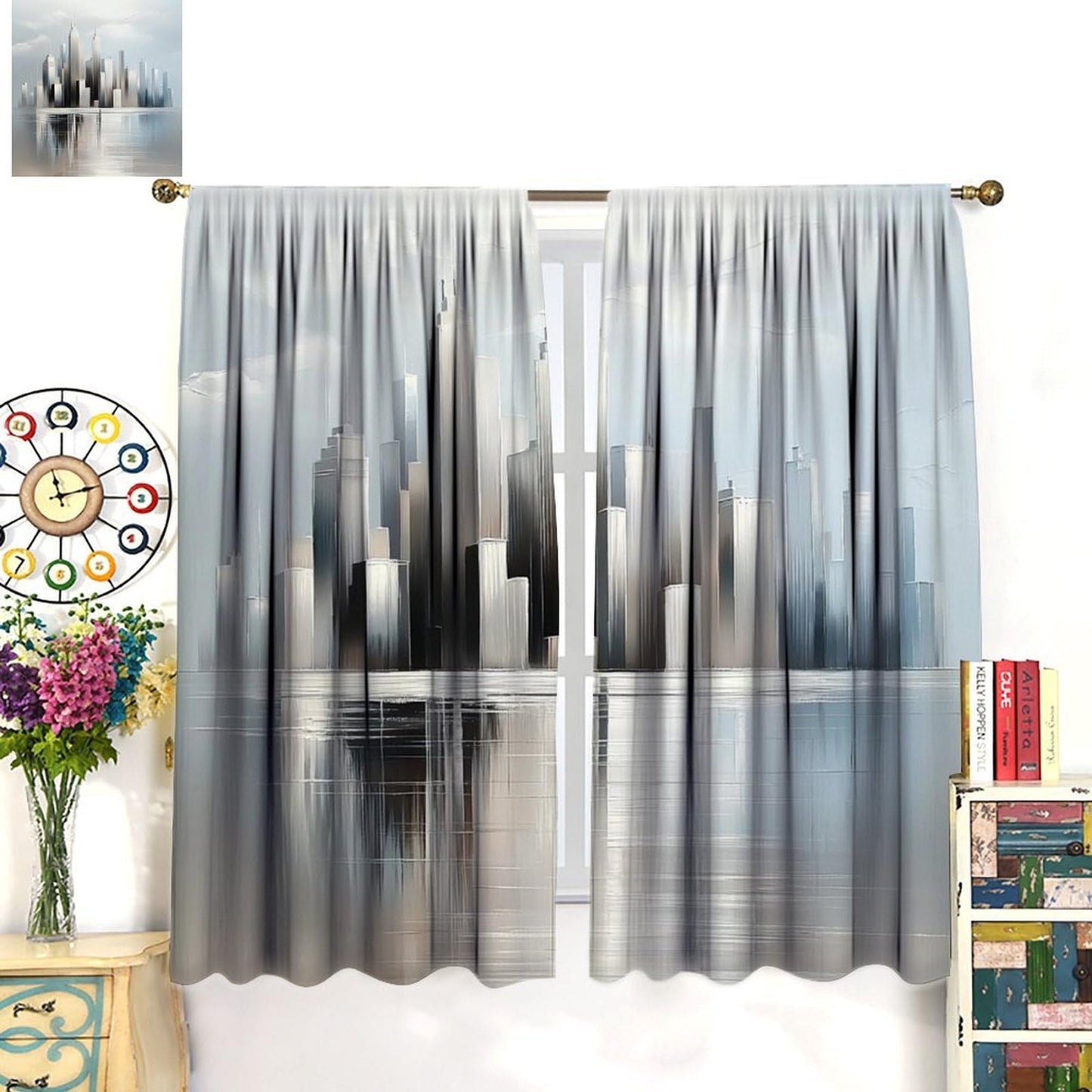 WDHTEXT Art Deco Painting Blackout Window Curtain Panels, Cityscape Abstract Rod Pocket Window Drapes for Living Room Bedroom, 2 Panels, Each 21W x 45L