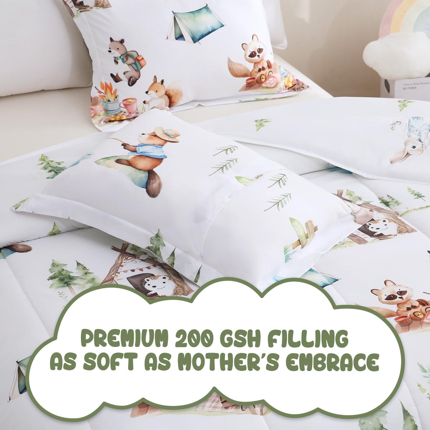 Yibeizi Camper Themed Comforter Set Twin, Kids Woodland Animals Printed Bedding Set with Pillow Sham, Cute Lightweight Soft Breathable Machine Washable Quilted Bed Comforter Set 2 Piece