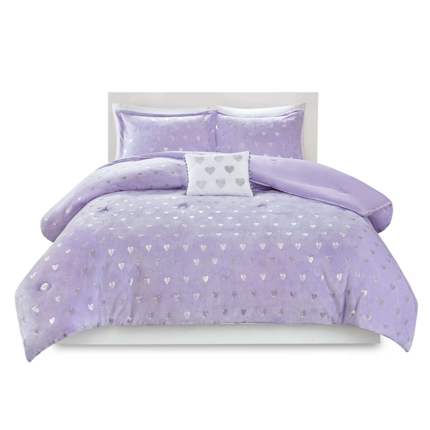 Intelligent Design Twin Comforter Set, 3 Piece Metallic Hearts Cozy Bedroom Set for Girls, Twin Bed Set Soft & Plush Comforter, All Season Fluffy Bedding Set, Rosalie, Twin/Twin XL, Purple Silver