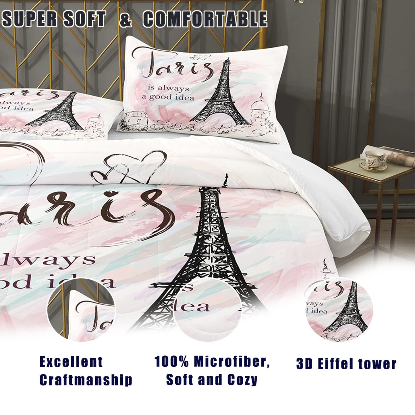Bodhi Full Size Paris Comforter Set,Girls Pink bedding set,Cartoon eiffel tower Comforter Set,Girls Comforter with Matching Pillowcase,Pink Girls Bed Set Full Size