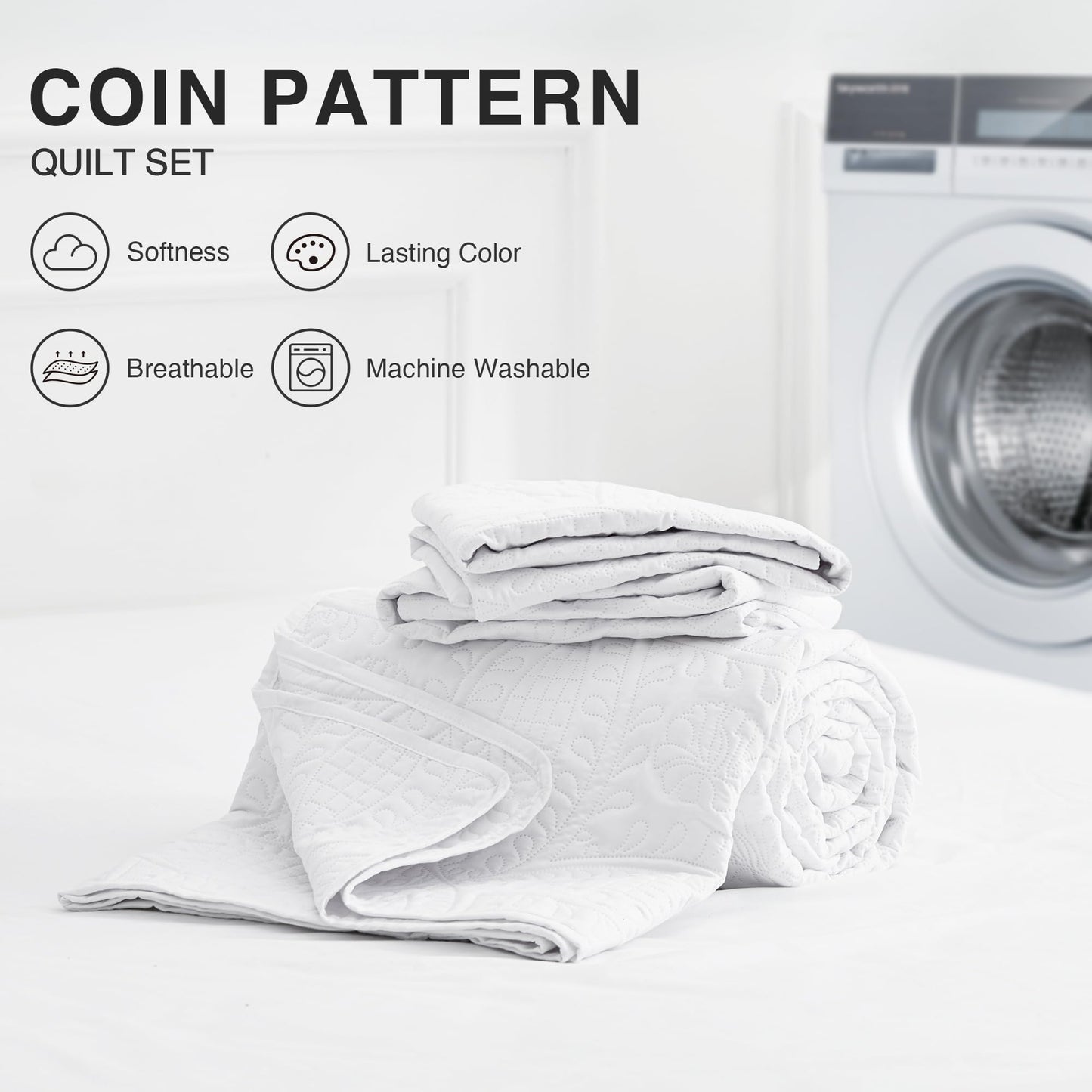 Love's cabin California King Size Quilt Bedding Set White Bedspreads - Cal King Summer Lightweight Bedspread Comforter - Coin Pattern Coverlet for All Season - 3 Pieces (1 Quilt, 2 Pillow Shams)