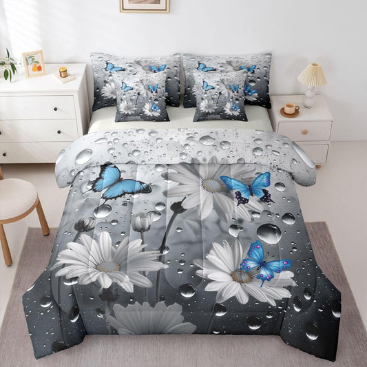 Erosebridal Water Droplets 7 Piece Bedding Set Queen Butterfly Comforter Set with Sheets Daisy Fog Dreamy Blue Butterflies Bed in a Bag Bud Retro 3D Flower Pattern for Kids Boys Girls