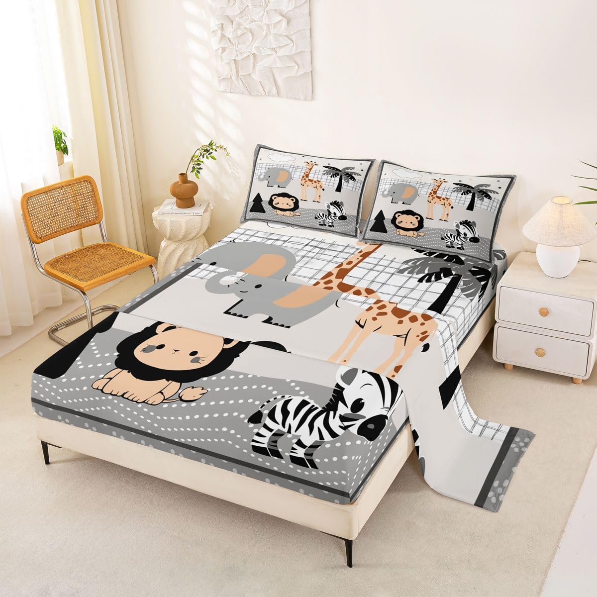 Erosebridal Jungle Animals Sheet Set Full Elephant Giraffe Lion Zebra Bed Sheets for Kids Boys Girls Hunter Brown Rust Wildlife Flat Fitted Sheet Cute Cartoon Animals Sheets 3 Pcs