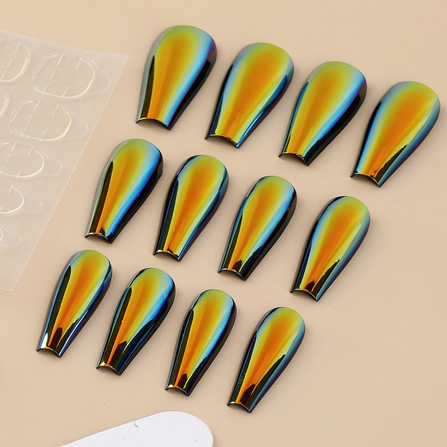 ROFIBUT 24pc Chrome Press On Nails Long Ballerina Glue on Nails Holographic Fluorescent Art Coffin False Nails Laser Mirror