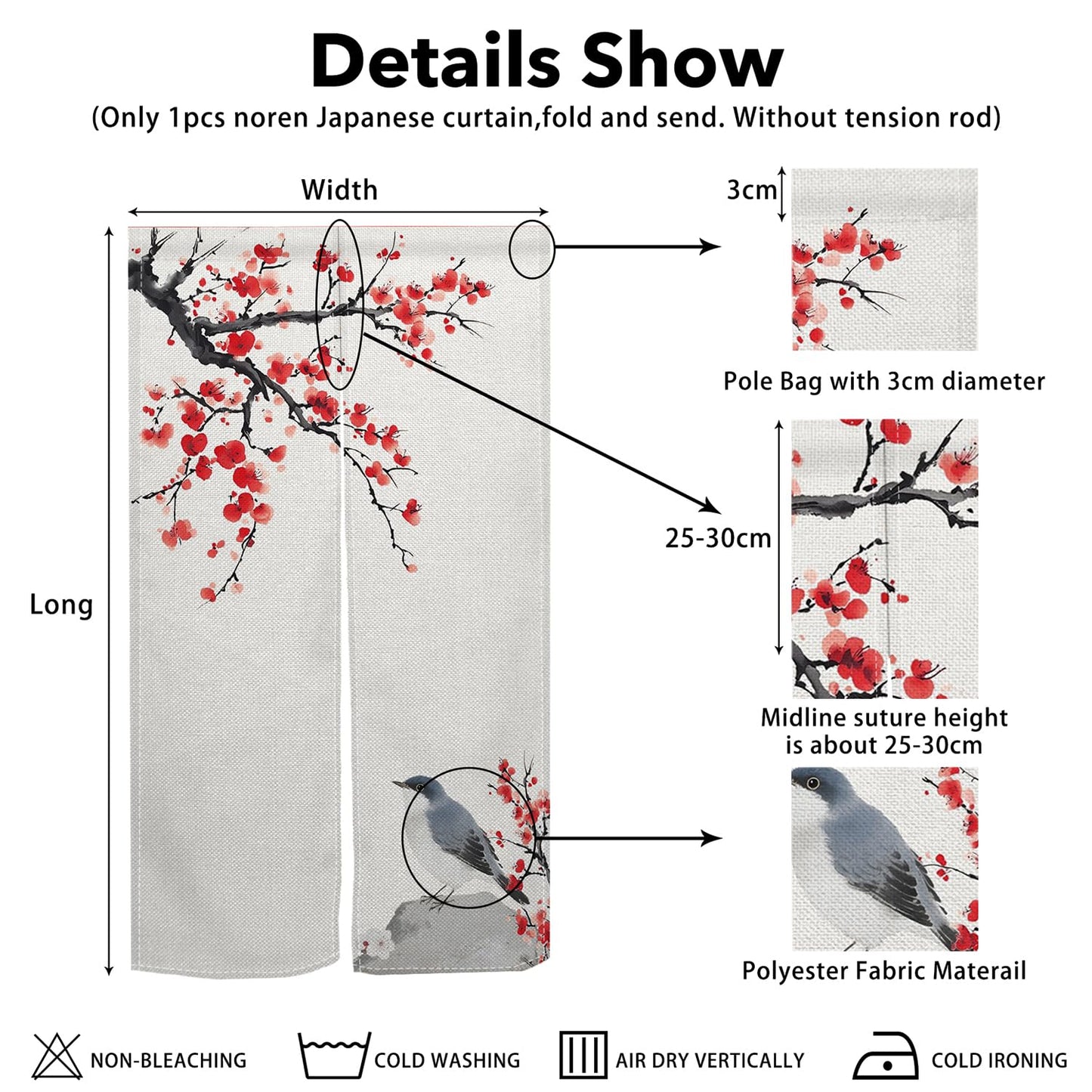 Leowefowa Long Japanese Noren Doorway Curtain Chinese Style Window Treatment Bird Printing Hanging Door Curtain Tapestry Panel for Room Divider Home Kitchen Decorations (Red, Blossom), 33.5"x 70.9"