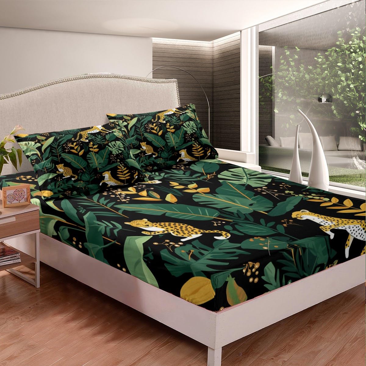 Feelyou Cheetah Fitted Sheet Queen Size Leopard Bed Sheet Set for Boys Teens Decor Tropical Leaves Bedding Set Safari Bed Cover Bedroom Animal Print Bed Set 3Pcs