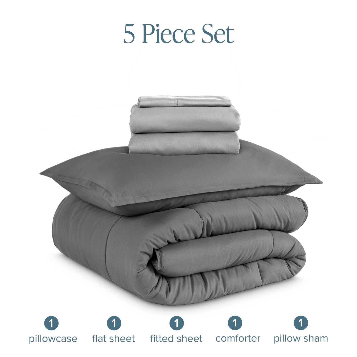 Bare Home Bed-in-A-Bag 5 Piece Comforter & Sheet Set - Twin XL - Goose Down Alternative - Ultra-Soft 1800 Premium Bedding Set (Twin XL, Grey/Light Grey)
