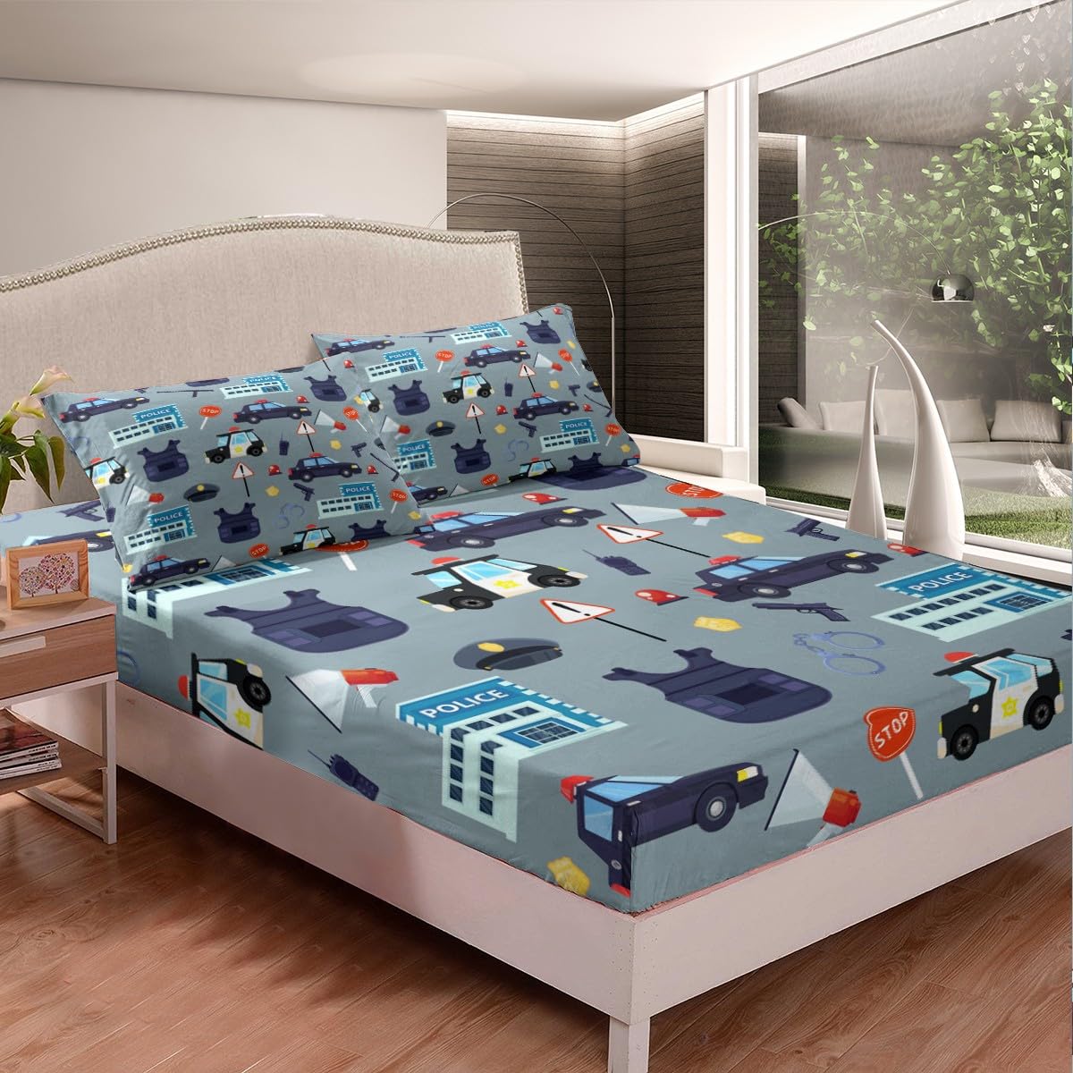 Manfei Cartoon Police Cars Kid Fitted Sheet Twin Size,American Police Office Policeman Bedding Set,Girls Boys Men Room Decor,Western Theme Bed Cover,Blue Fashion Bed Sheet,1 Pillowcase,No Top Sheet