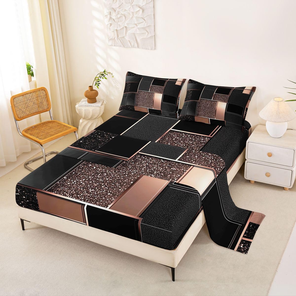 Feelyou Modern Abstract Bed Sheets Sets Queen Size Kids Boys Girls Orange Geometric Bedding Set Metallic Print Geometric Bed Sheet Set with 16-Inch Deep Pockets 4Pcs with 2 Pillow Cases