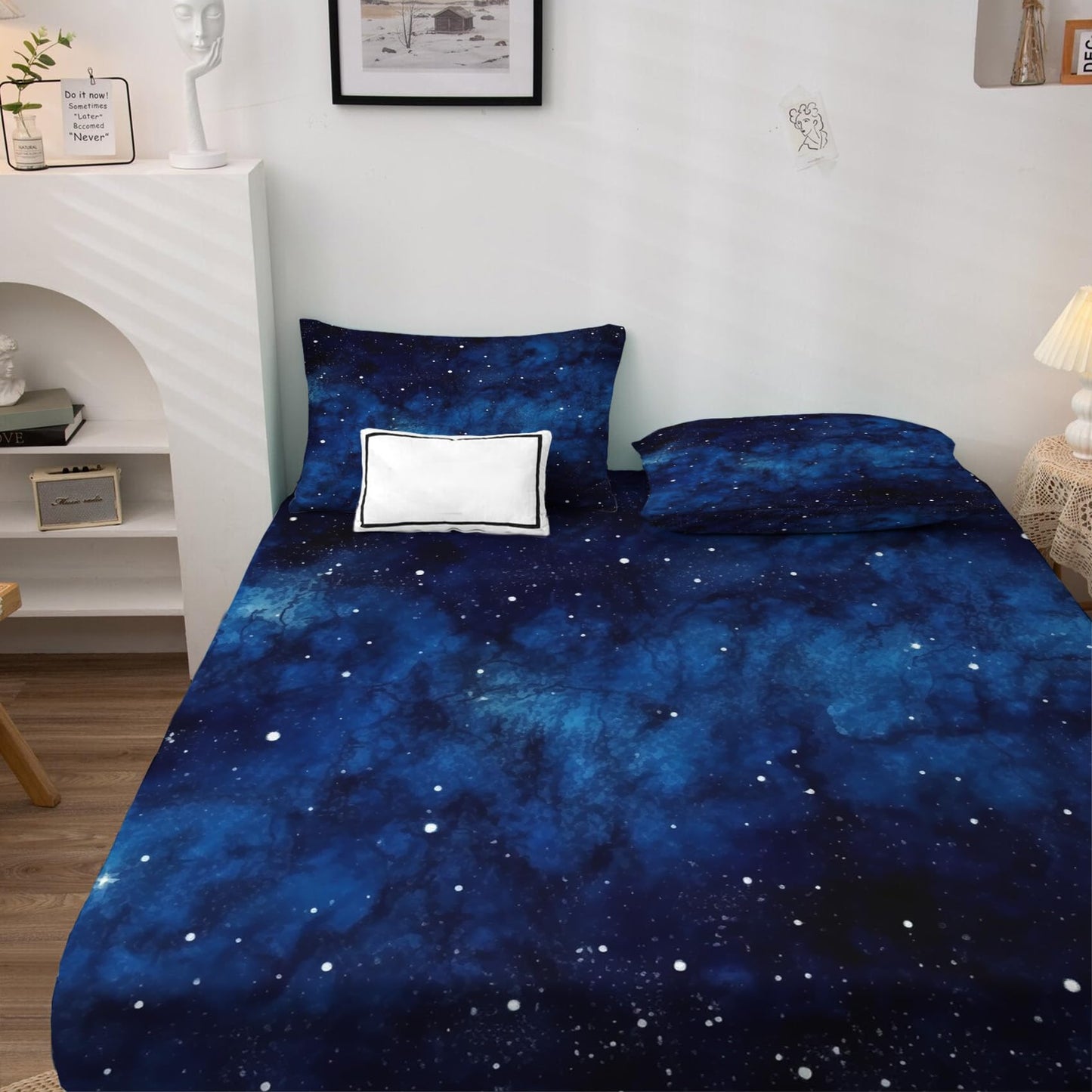 zcsm Galaxy Sheets King Size - Navy Blue Bed Sheets, Soft Microfiber & Deep Pocket & Wrinkle Free Patterned Bedding Sheets & Pillowcases, 4 Piece (1 Fitted Sheet, 1 Flat Sheet, 2 Pillow Cases)
