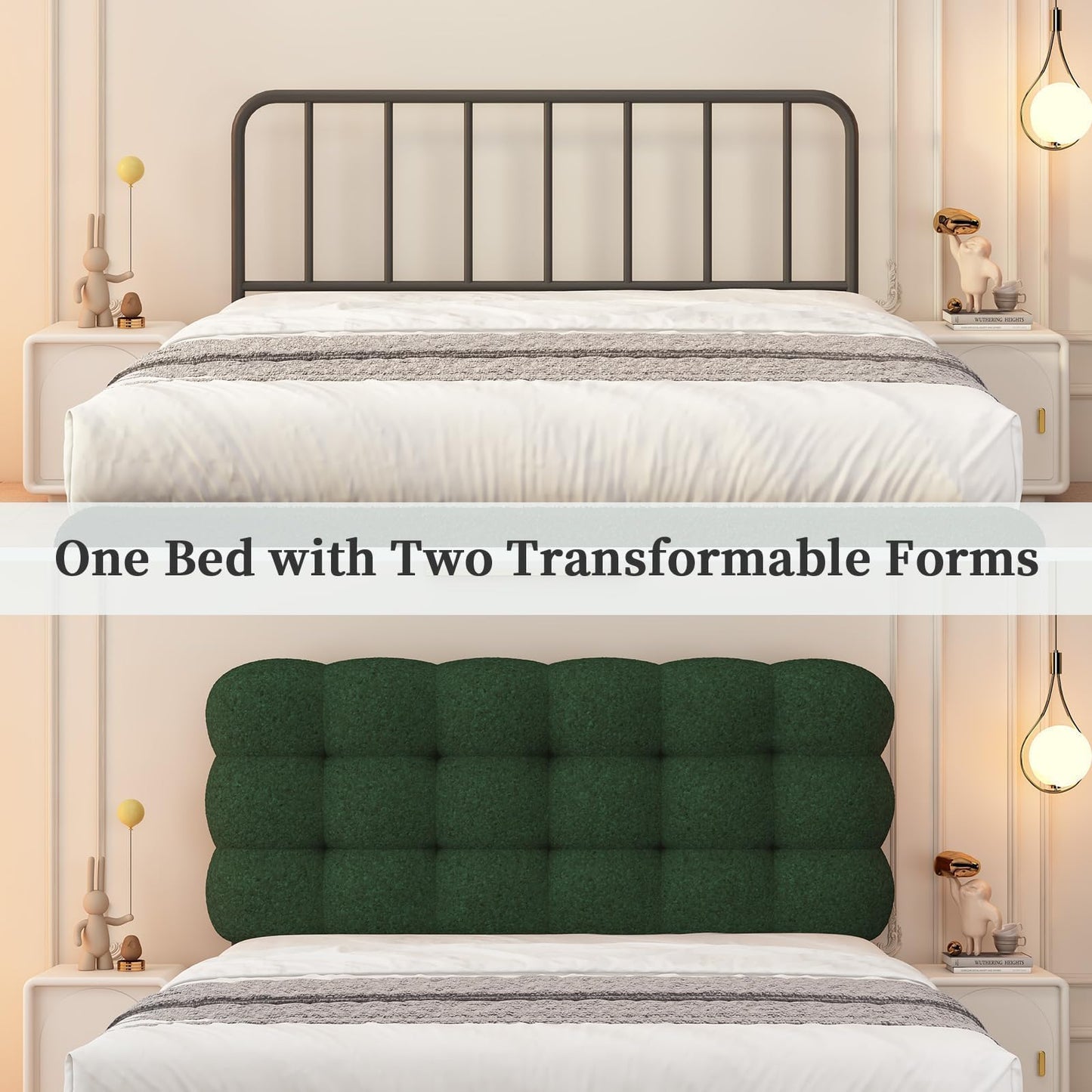 BarnFurin Queen Bed Frame with Upholstered Headboard, Soft Boucle Fabric, Platform Bed with Strong Wooden Slats Support, Two Bed Forms Design, No Boxing Spring Needed, Easy Assembly, Green