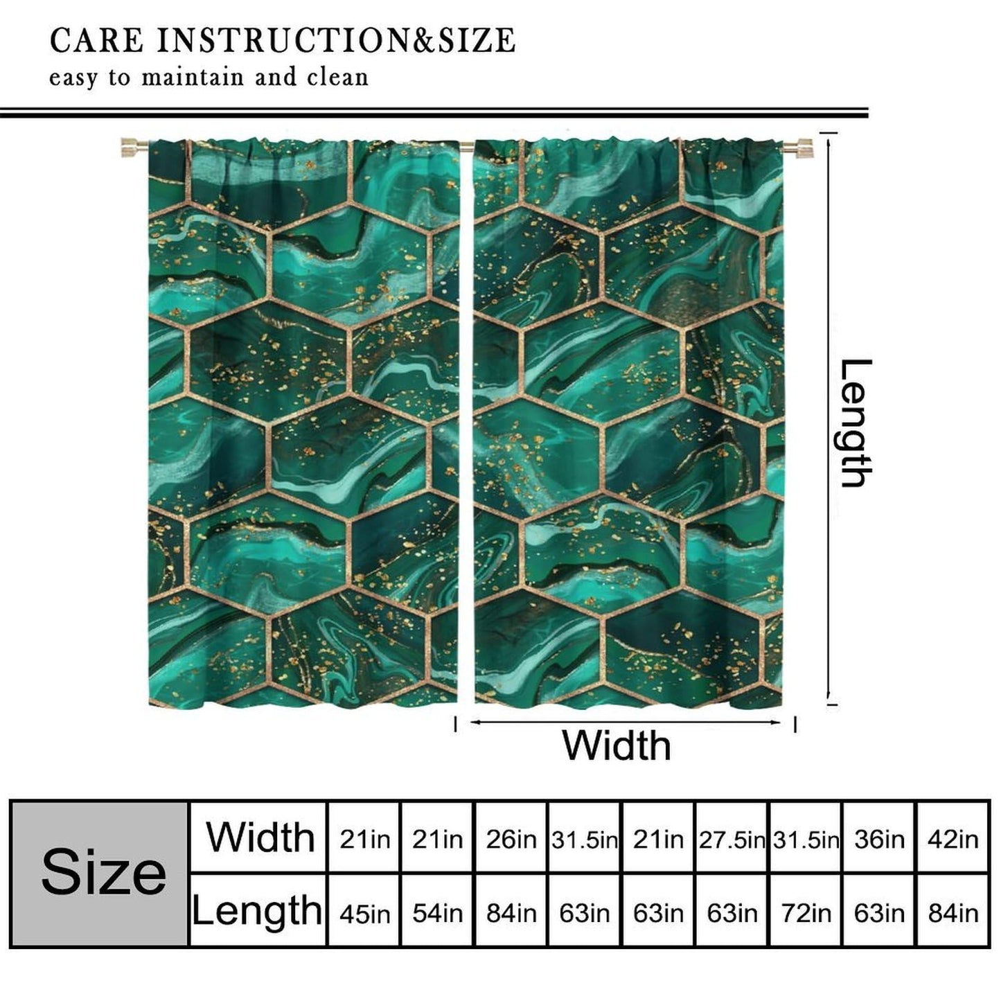BPANAOAD Green Hexagon Marble Blackout Curtains 2 Panels, Gold Foil Print Luxury Modern Geometric Grommet Drapes, Thermal Insulated Room Darkening Window Treatments for Living Room Bedroom 42x44 Inch