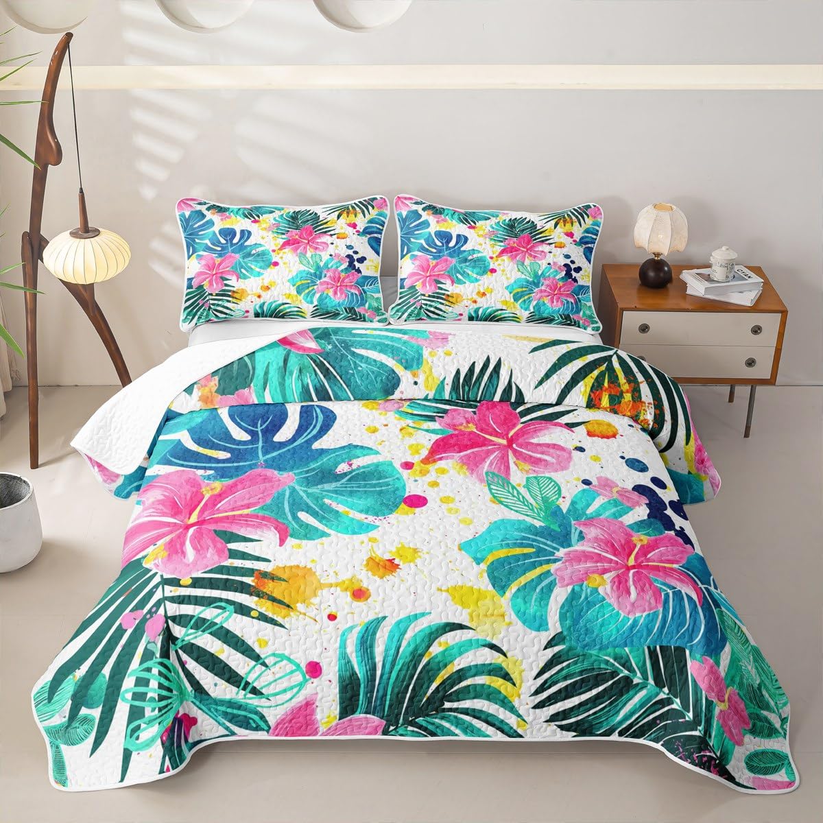 Erosebridal Palm Leaves Quilt Set Twin Summer Hawaiian Quilt Tropical Botanical Floral Bedding Coverlet Watercolor Graffiti Bedspread