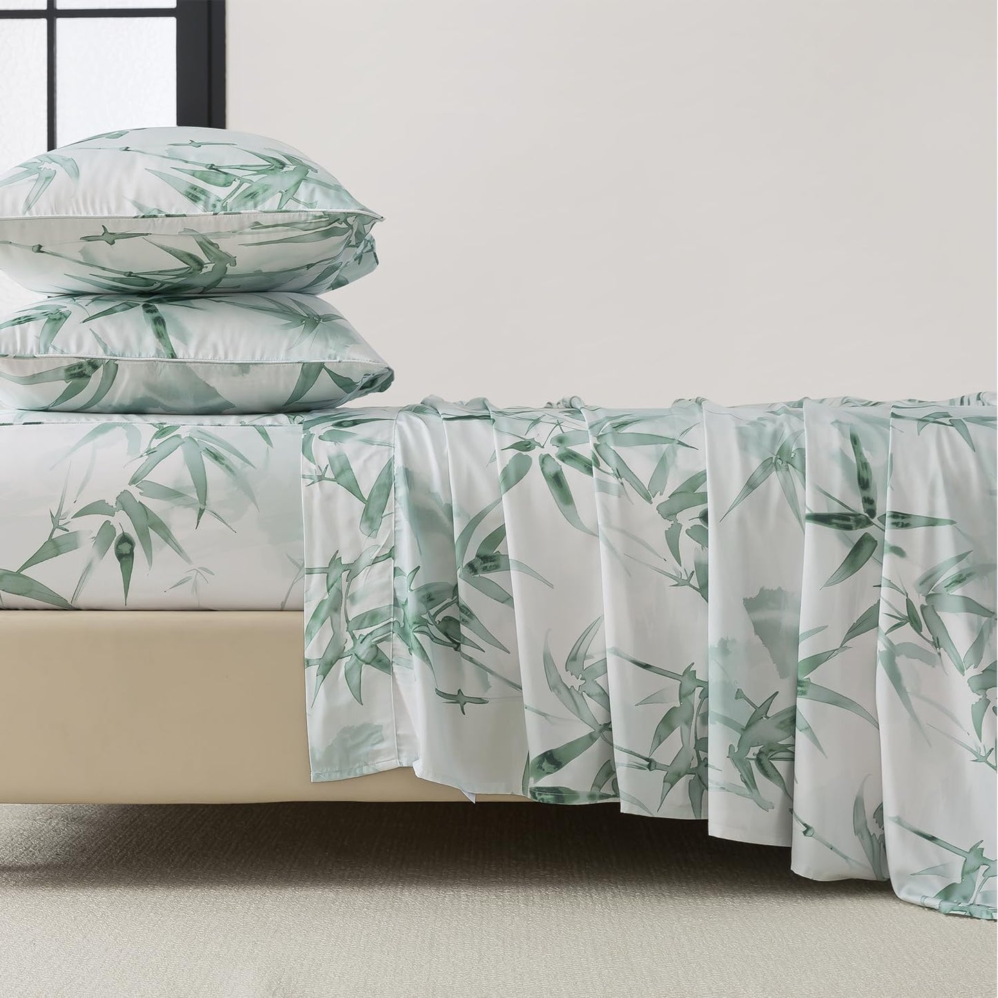 FADFAY Twin Size Sheet Set, 70% Viscose Derived from Bamboo, 30% Cotton 4 Pieces Country Style Green Leaves Print Bedding, Deep Pocket Fitted Sheet