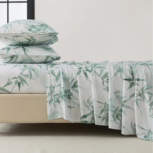 FADFAY Twin Size Sheet Set, 70% Viscose Derived from Bamboo, 30% Cotton 4 Pieces Country Style Green Leaves Print Bedding, Deep Pocket Fitted Sheet