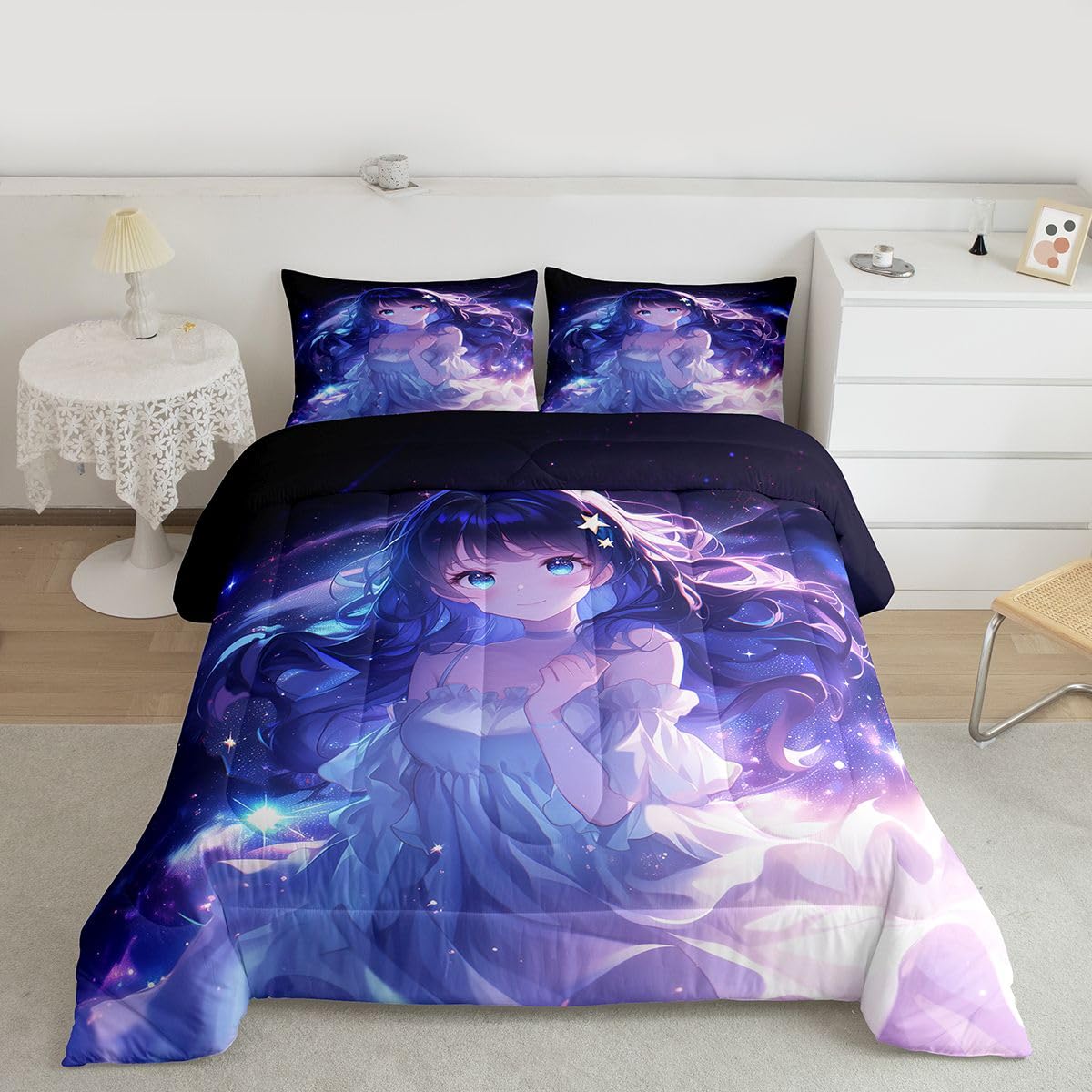 Erosebridal Anime Girls Bedding Anime Gifts Comforter Set for Kids Purple 3D Galaxy Printing Bedding Sets, Cartoon Long Curly Hair Girly Printed Comforter Kids Kawaii Japanese Girl Bed Set, Twin