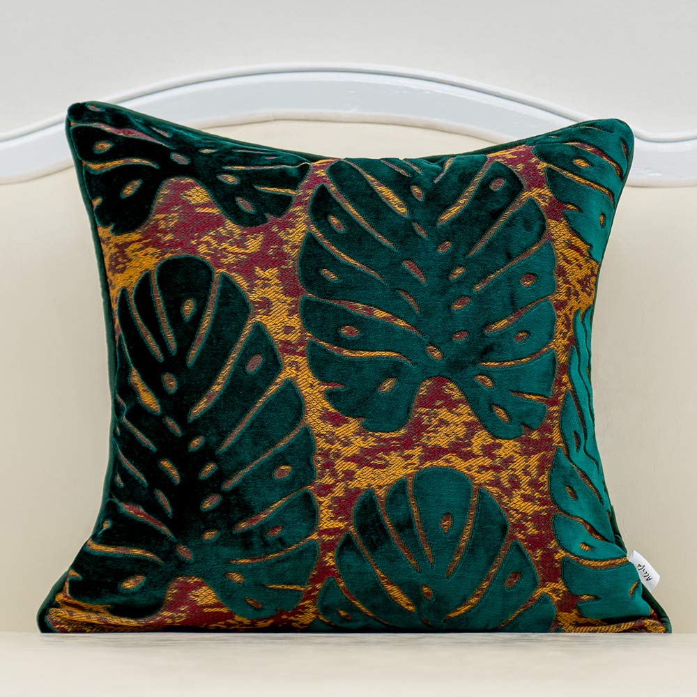 Alerfa 18 x 18 Inch Square Leaf Pillow Embroidery Cut Velvet Cushion Case Luxury Modern Lumbar Throw Pillow Cover Decorative Pillow for Couch Sofa Living Room Bedroom Car, Teal Green