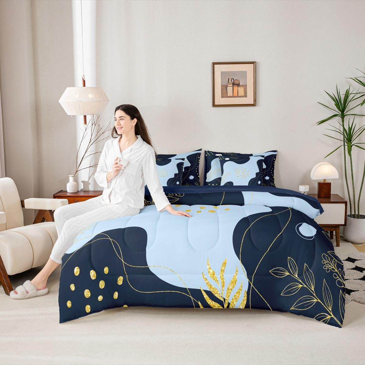 Erosebridal Black and Blue Twin Comforter Set with Sheets Mid Century 7-Piece Bedding Set Modern Abstract Bed in a Bag, Boho Geometric Bed Sets