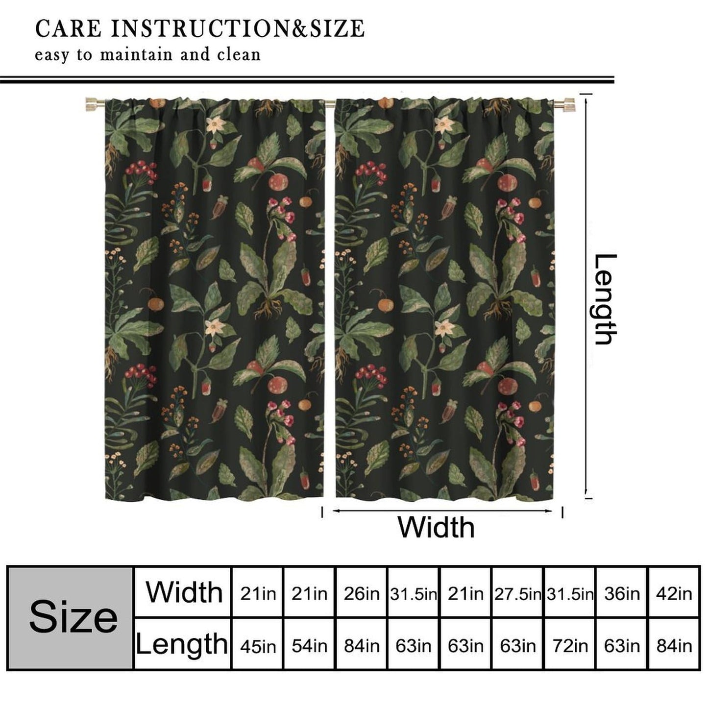 PHTAYOT Black Botanical Curtains, Botanical Green Leaves Boho Plant Flower Floral Spring for Room Window Decor, Rod Pocket Print Drapes for Living Room Bedroom Kitchen 2 Panel Set 20.5" W X 45" L