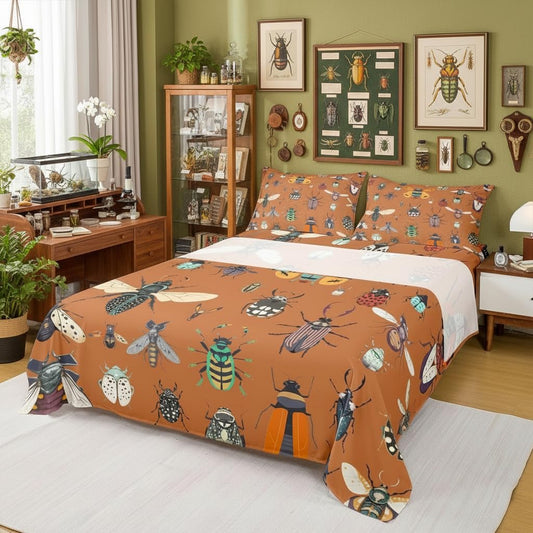 Castle Fairy Bug Beetles Bed Sheet Set Twin Size Colorful Natural Wildlife 3Pcs Beedings Set for Kids Teens Adult Room Decor Bright Cute Ladybugs Flat,Fitted Sheet,1 Pillowcase Dark Orange