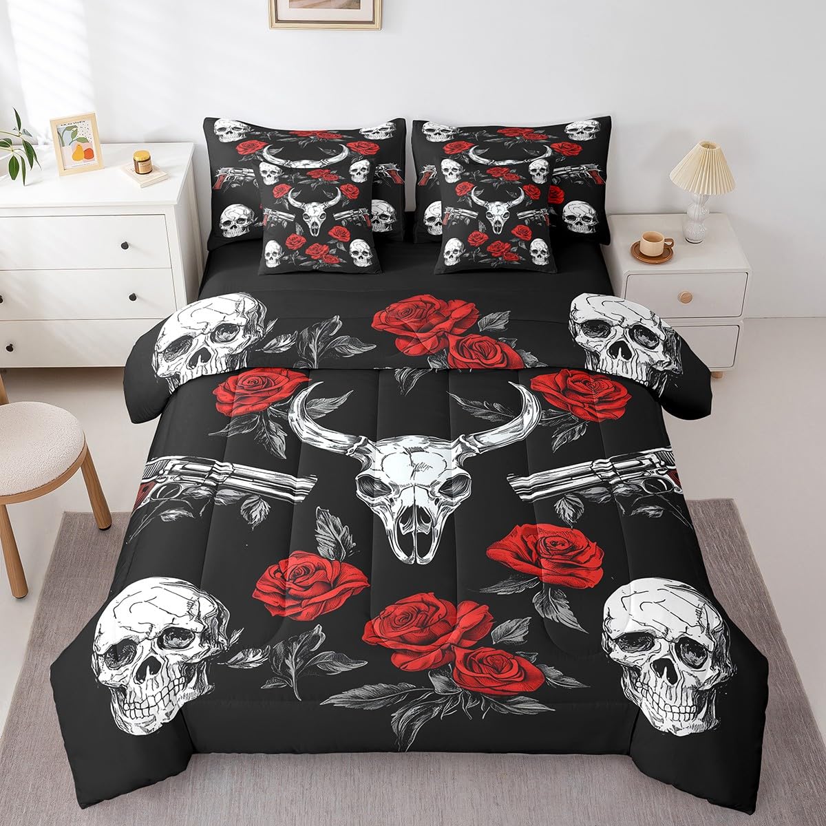 jejeloiu Cow Skull Comforter Set with Sheets Twin Size Kids Gothic Skull Skeleton 7 Pieces Bedding Set for Boys Girls Teens Rose Gun Bed in a Bag Breathable Western Bed Set Room Decor