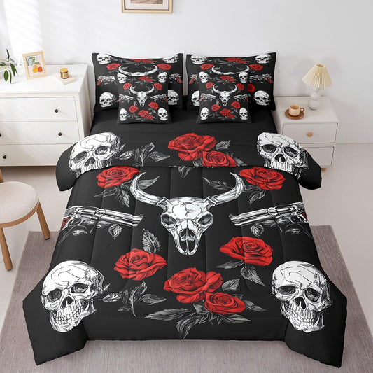 jejeloiu Cow Skull Comforter Set with Sheets Twin Size Kids Gothic Skull Skeleton 7 Pieces Bedding Set for Boys Girls Teens Rose Gun Bed in a Bag Breathable Western Bed Set Room Decor