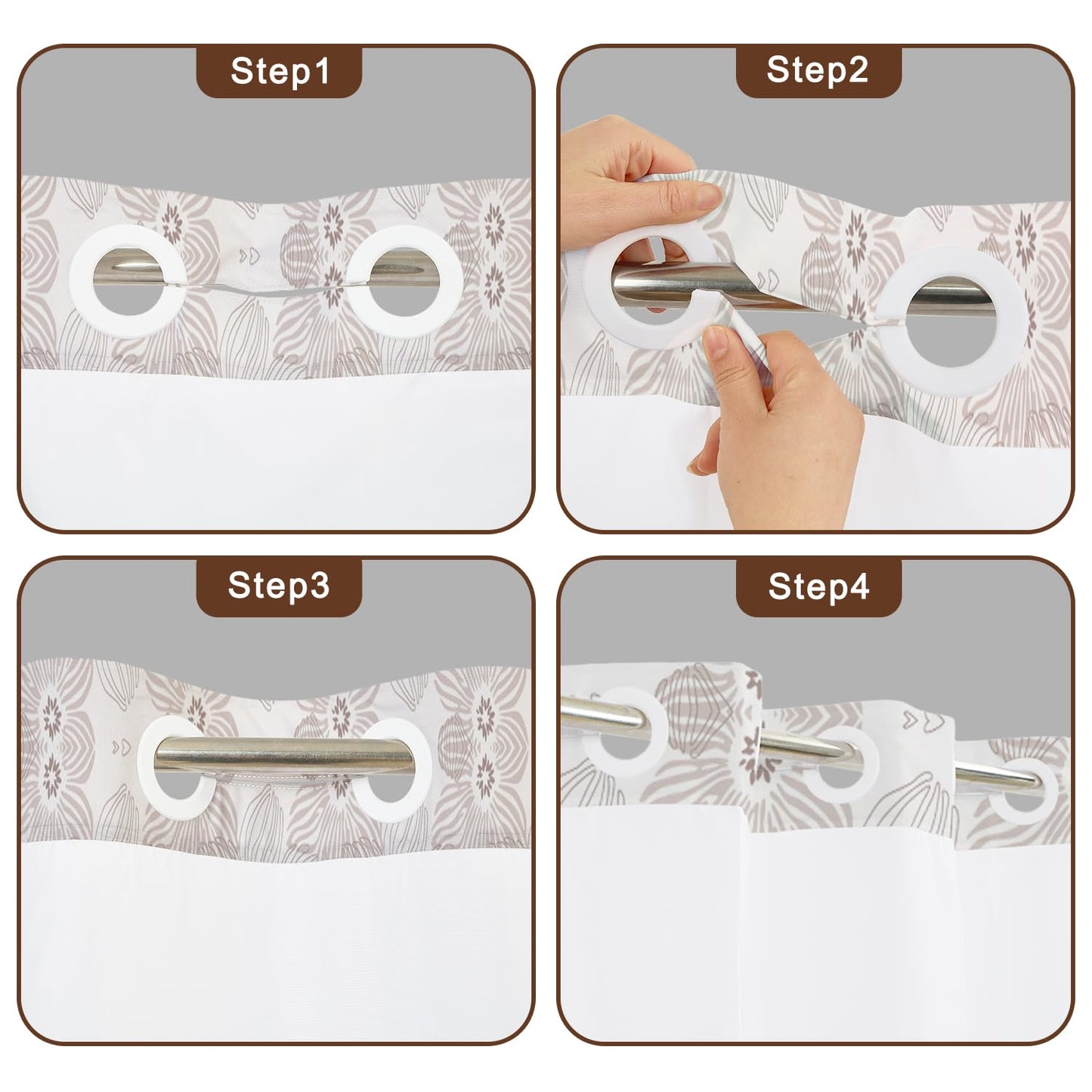 No Hook Shower Curtain with Snap in Fabric Liner Set, Waterproof & Washable, Boho Soft Tan Paisley Floral Shower Curtains for Bathroom, Elegant Neutral Modern Hotel Flower Bathroom Curtain, 71x74 inch