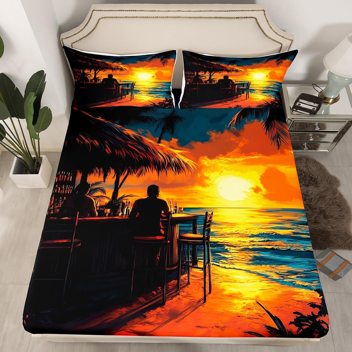 Erosebridal Tiki Bar Bedding Set Queen Size, Ocean Beach Fitted Sheet Palm Tree Leaves Bed Sheets for Kids Teens Adult Bedroom Decor, Tropical Hawaii Sunset Sheets with 2 Pillow Cases