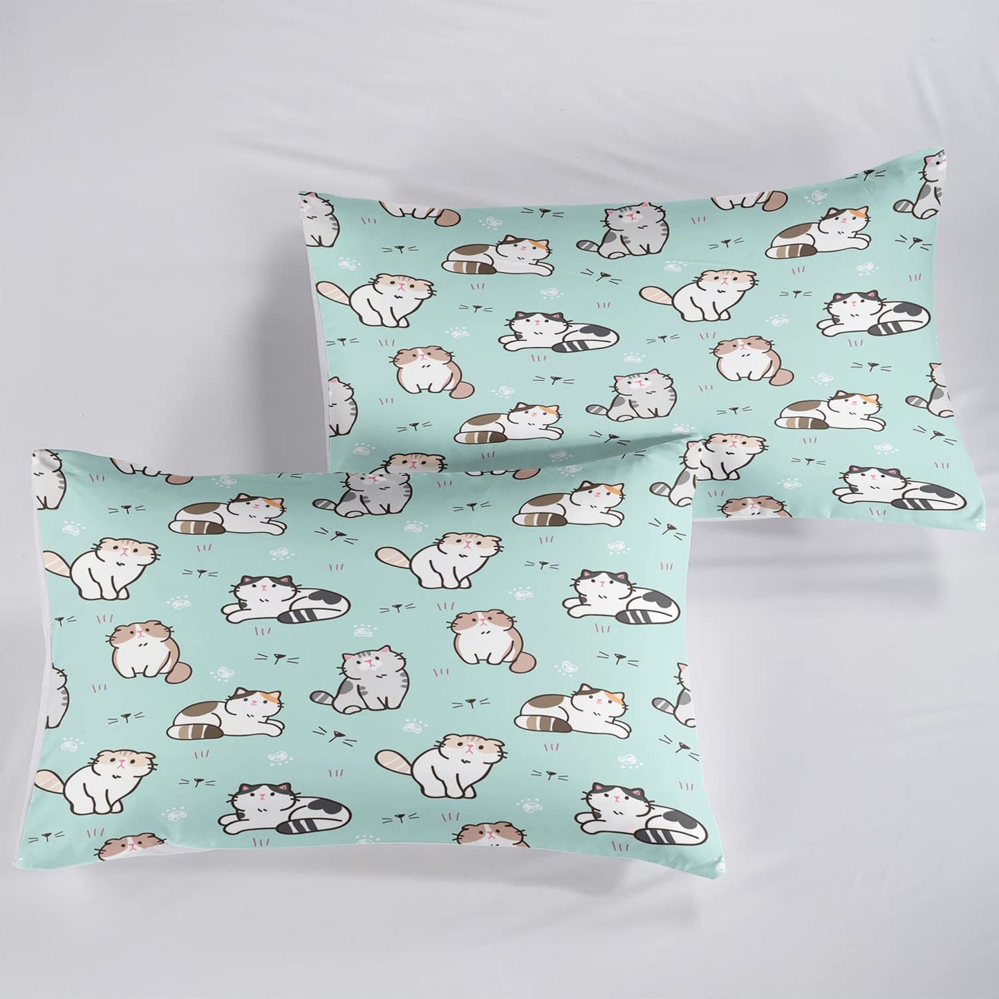 AILONEN Cat Fitted Sheet and Pillow Case Set, Queen Size, Cat Themed Bedding Decor for Girls, Kids and Teens (1 Fitted Sheet and 2 Pillow Case, 3 Piece)