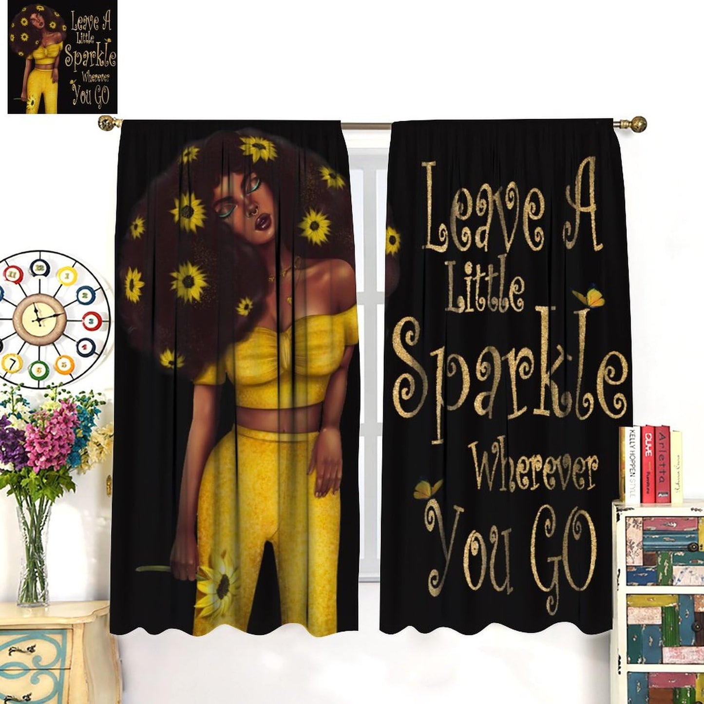 JESTRONRY Black Girl Curtains,Hippie Fashion Sunflower Girl Blackout Rod Pocket Window Drapes for Living Room Bedroom Kitchen Bathroom Home Decor 42x45in