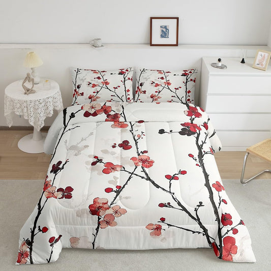 Feelyou Cherry Blossoms Bedding Set for Kids Boys Girls Queen Size Sakura Flower Comforter Set Ultra Soft Japanese-Style Comforter Floral Botanical Duvet Quilt Bedroom Decor Branches Quilt