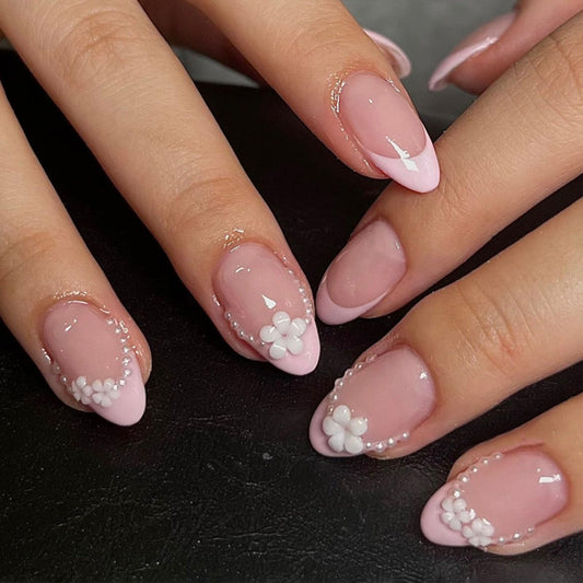 French Tip Press on Nails Short False Nails Nude Pink 3D Pearl Flower Design Stick on Nails Full Cover Reusable False Nail for Women 24 Pcs