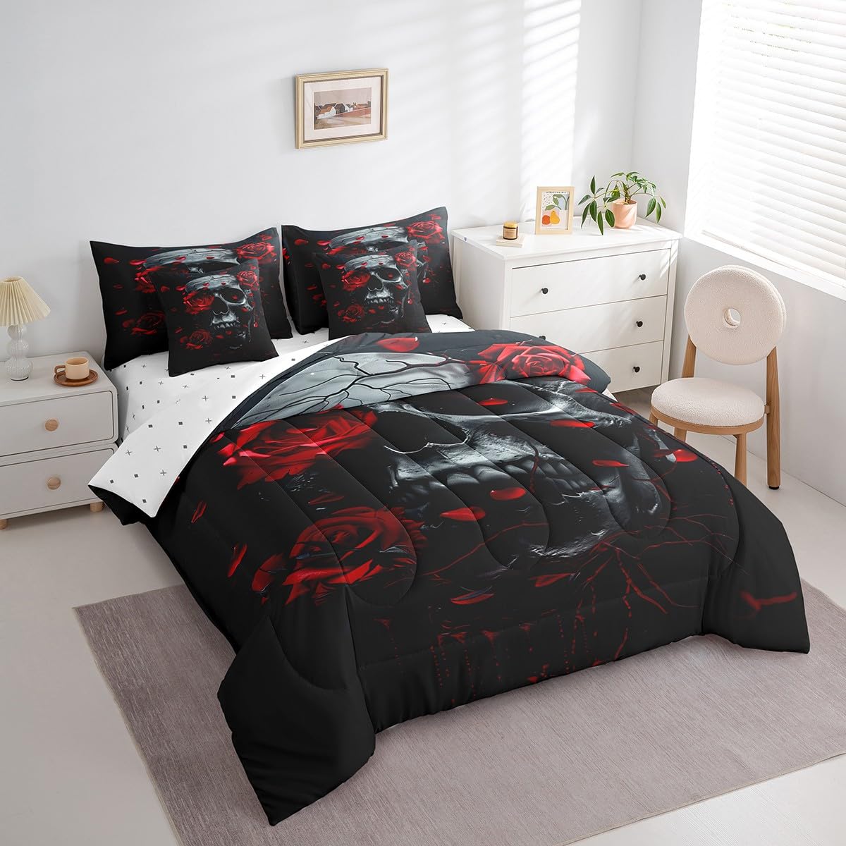 7 Pieces Twin Size Trippy Skeleton Comforter Set,Roses Flowers Psychedelic Bedding Set for Boys Girls,Gothic Skull Halloween Theme (Comforter+Fitted+Flat Sheet+2 Pillowcases+2 Throw Pillow Covers)