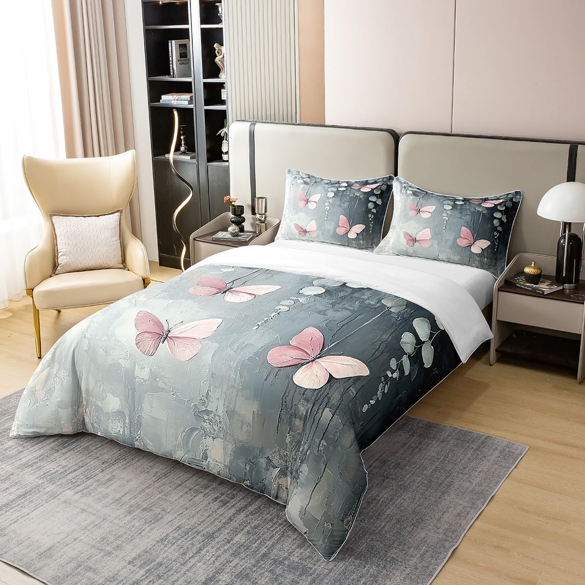 Erosebridal Oil Painting 100% Natural Cotton Bedding Set,Rustic Aesthetics Bed Set,Butterfly Eucalyptus Duvet Cover Twin Size,Wild Animal Plants Quilt Cover with 1 Pillowcase