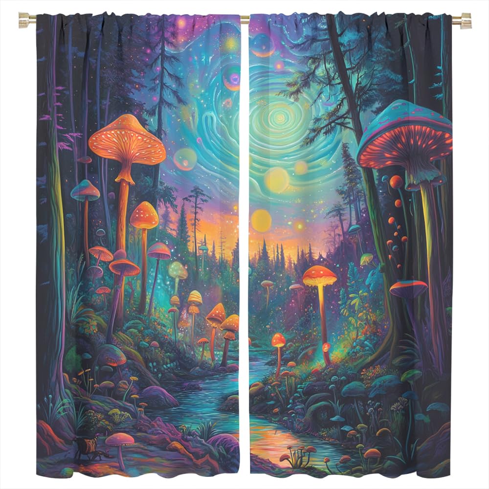 SOPIYRIO Abstract Forest Mushroom Blackout Curtains Rustic River Fantasy Landscape Rod Pocket Window Drapes Room Darkening Curtains for Bedroom 2 Panels 21 W x 45 L inch