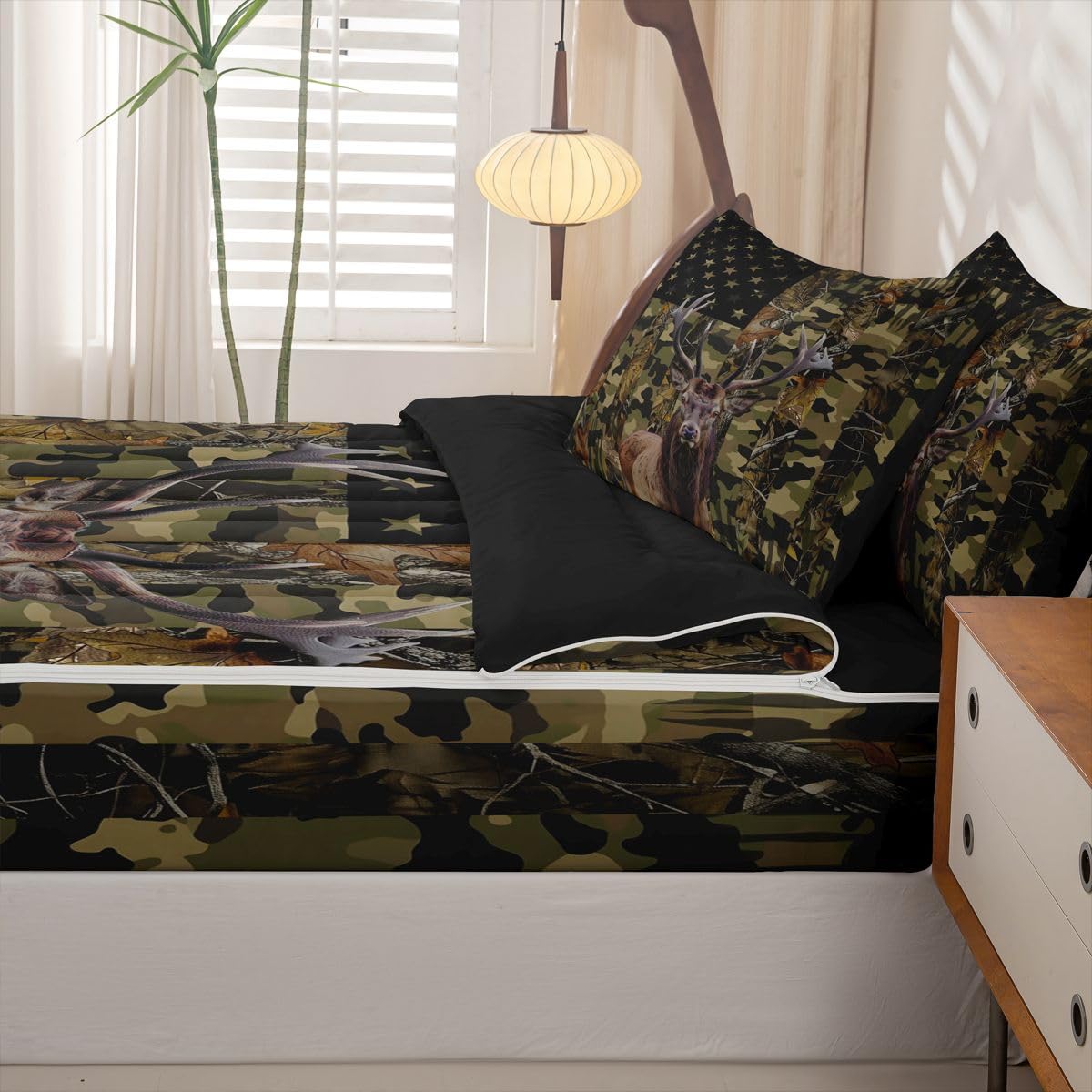 jejeloiu Deer Hunting Camo Zipper Bedding for Kids Rustic Western Deer Twin Comforter Set with Fitted Sheet 2 Pillowcases American Flag Bed in a Bag Green Camouflage Soft Lightweight Microfiber