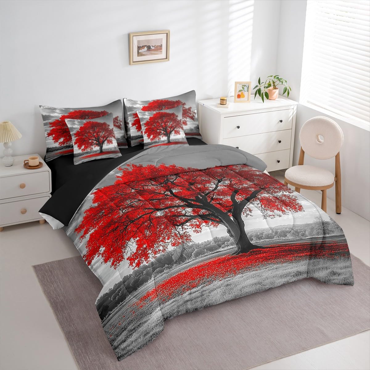 Erosebridal Tree of Life King Comforter Set, Maple Tree 7-Piece Bed in A Bag, Gothic Nature Branch Sheets and Pillowcases, Kids Adult Bed Sets