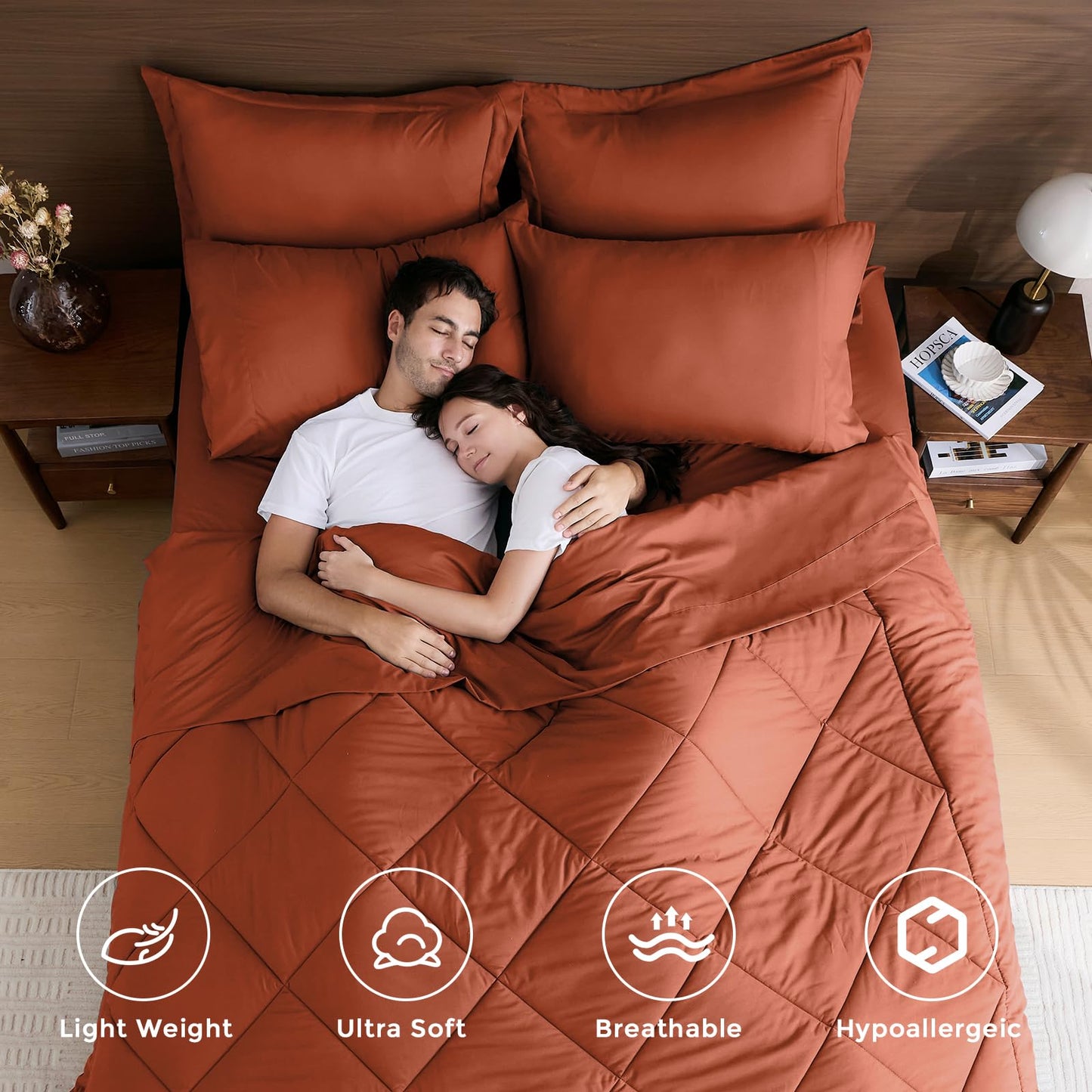 HEVUMYI Burnt Orange Queen Comforter Set - 7-Piece All Season Bed in a Bag Queen, Ultra Soft Bedding Set with Comforter, Flat Sheet, Fitted Sheet, Pillowcases, Pillow Shams