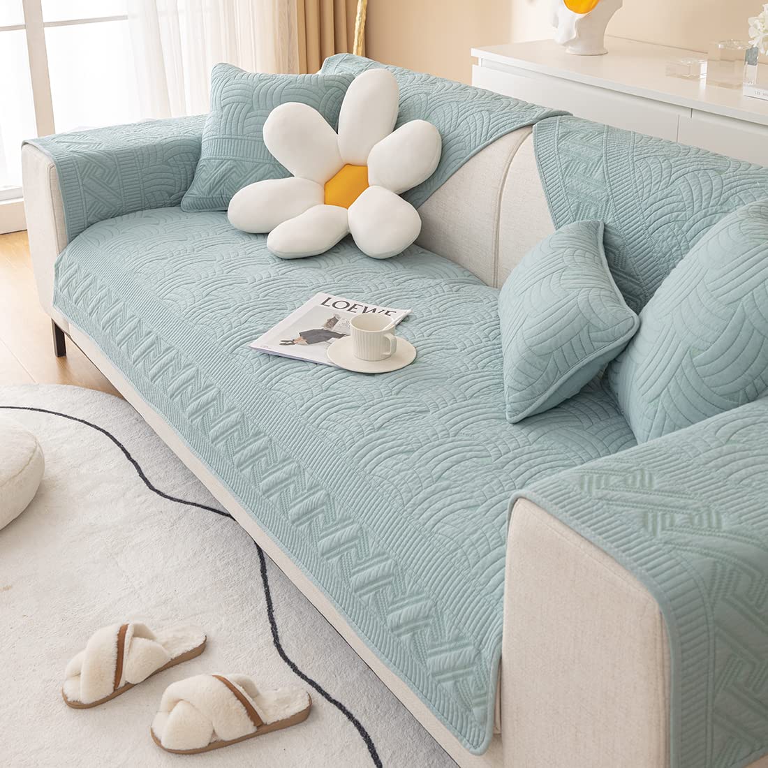 XSlive Farmhouse Cotton Quilted Sofa Cover Weave Pattern Embroidery Sectional Couch Cover Soft Nonslip Sofa Slipcover Furniture Protector Cover for Pets Kids Children Dog Cat (Light Blue,28"x28")