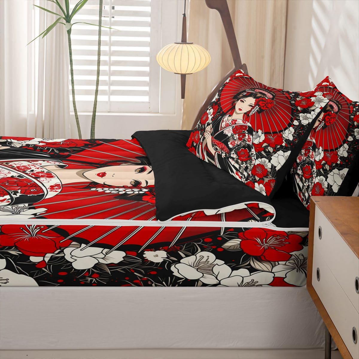 Erosebridal Japanese Geisha Zipper Bedding Twin Size, Japanese Flowers Kids Comforter Set - Artistic Japan Zip Up Comforter Bed in A Bag