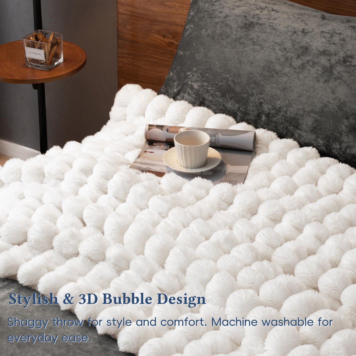 David's Home Double-Sided Faux Rabbit Fur Throw Blanket, Reversible Luxury Soft Thick Shaggy Warm Fuzzy Bubble for Couch, Bed, Cozy Plush Fluffy Decor for Fall Winter,Snow White,50 "* 60"