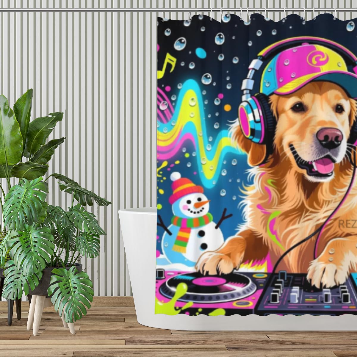 REZHOCH DJ Golden Retriever with Headphones Snowman Winter Shower Curtain Durable Waterproof Fabric Colorful Cartoon Fun Dog Vibrant Holiday Home Bathroom Decor 72x72Inch with Hooks