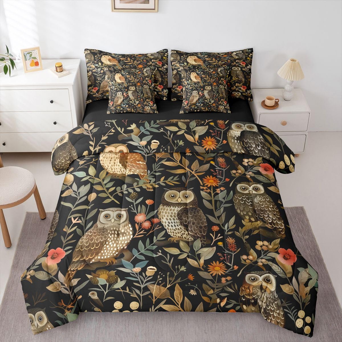 Erosebridal Kawaii Owl Queen Comforter Set 7 Pieces,Black and Brown Bed in A Bag,Wild Anima Bedding Set with Comforters, Sheets, Pillowcases Cute Bird Bedroom Decor