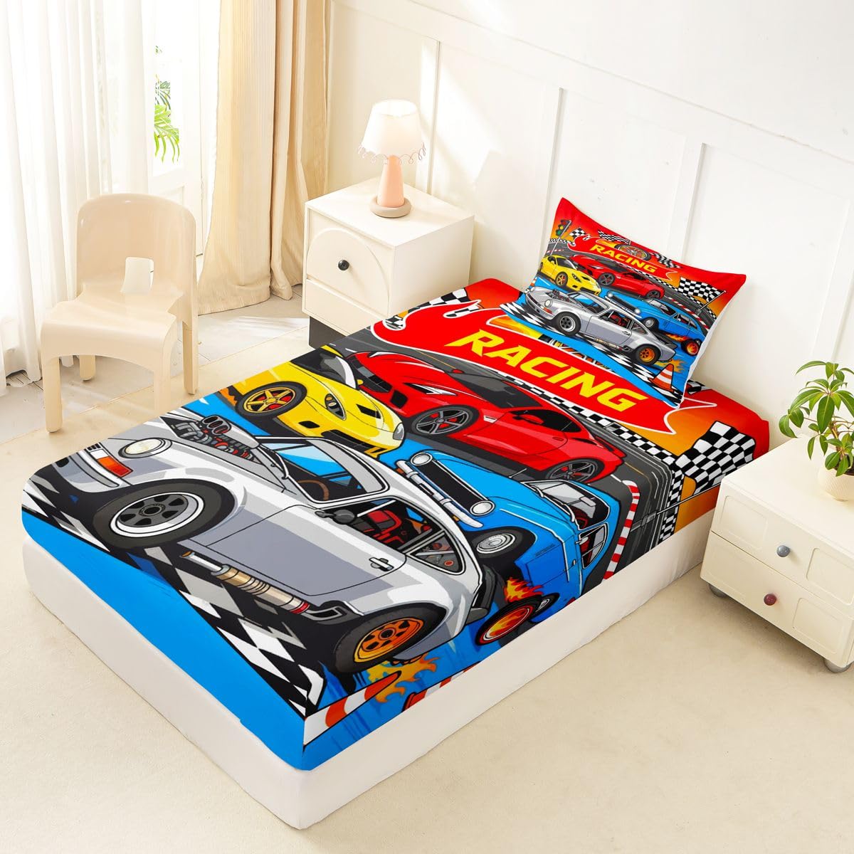 Feelyou Boys Race Car Fitted Sheet with 1 Pillowcase Twin Size Speed Sports Car Bed Sheets Set 16" Deep Pocket Boys Girls Racing Extreme Sports Bedding Teens Bedroom Decor Breathable Soft Lightweight