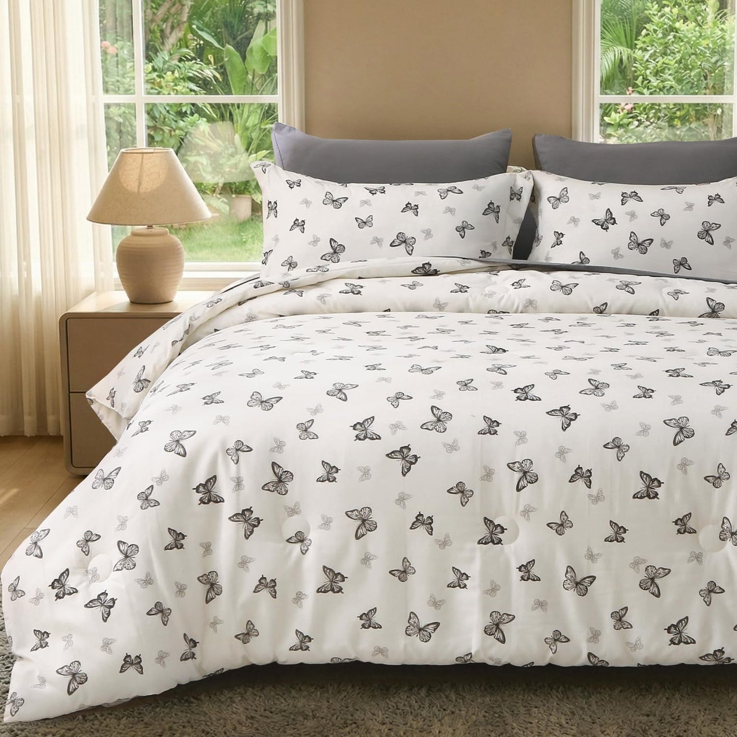 Jameswish 7 Pieces Black Butterfly Comforter Set for Girls Kids Soft Fluffy Bedding Set Full Size Bed in A Bag as Gifts (1 Comforter, 1 Flat Sheet, 1 Fitted Sheet, 2 Pillowcase and 2 Pillow Sham)