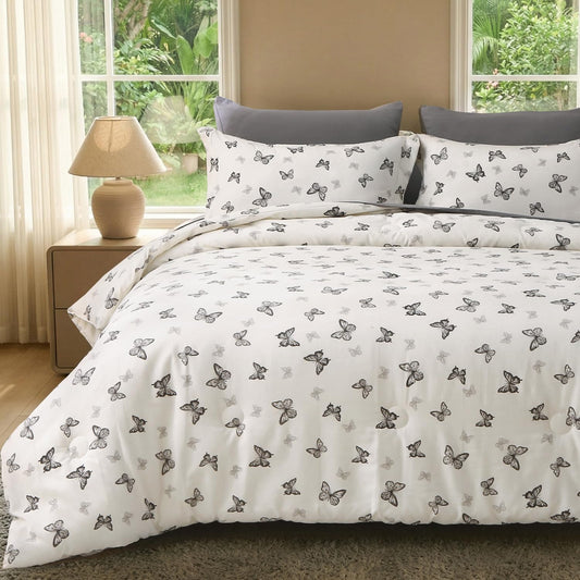 Jameswish 7 Pieces Black Butterfly Comforter Set for Girls Kids Soft Fluffy Bedding Set Twin Size Bed in A Bag as Gifts (1 Comforter, 1 Flat Sheet, 1 Fitted Sheet, 2 Pillowcase and 2 Pillow Sham)